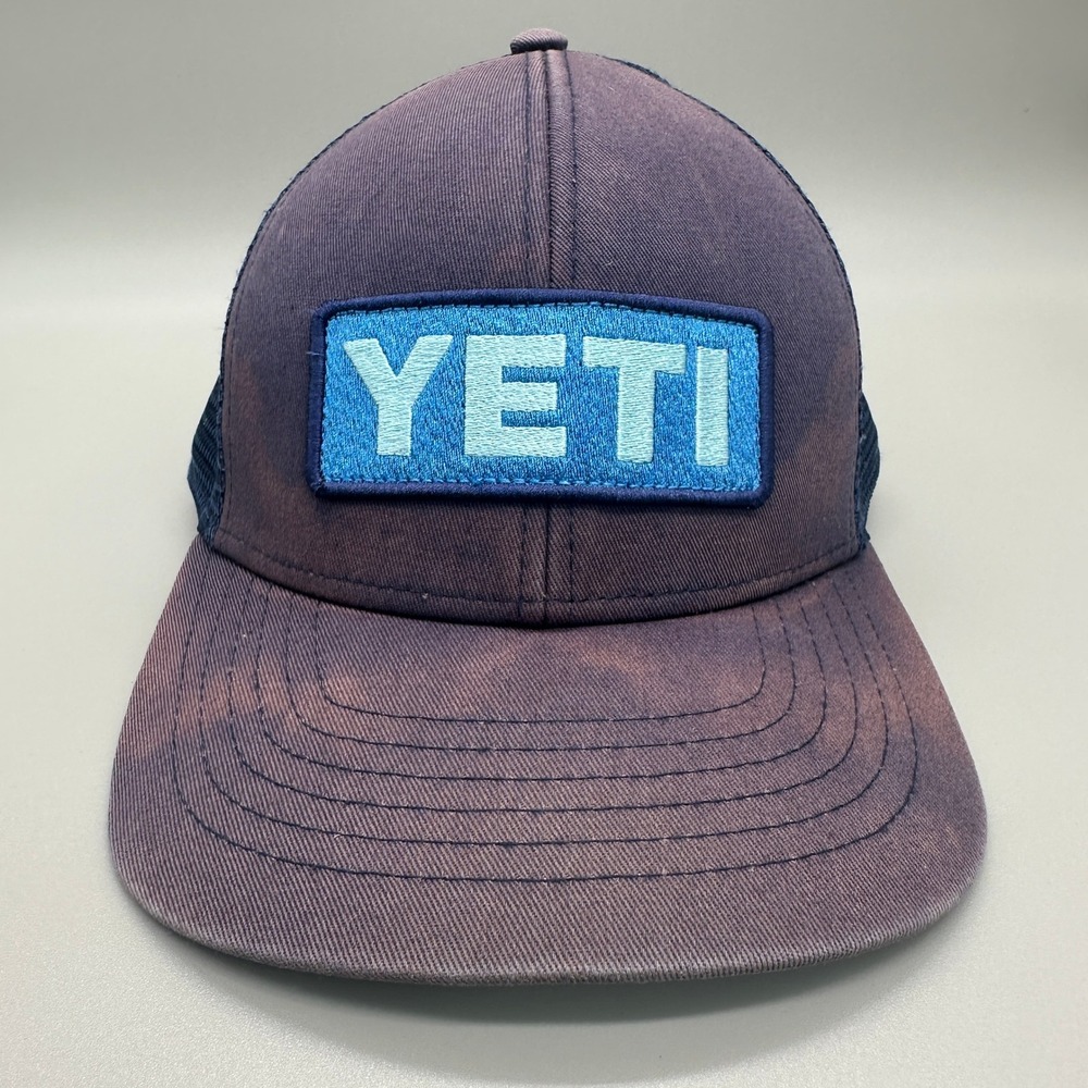 Yeti Logo Patch Trucker Hat Mens OSFA Navy Blue Sun Faded‎ Snapback Mesh Cap